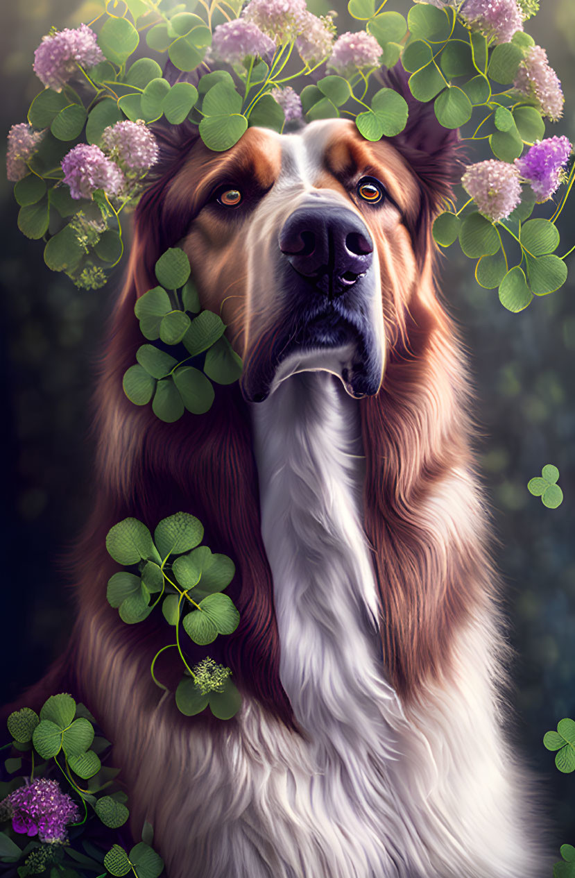 Majestic brown and white dog in lush green clover and purple flowers