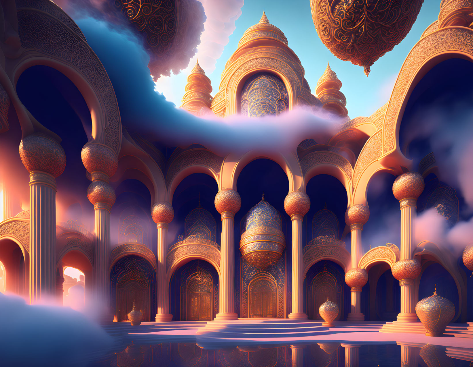 Surreal palace with ornate domes and columns reflected in water