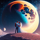 Couple Embraces on Alien Terrain with Colorful Planet and Moons