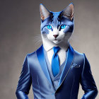 Cat head on human body in blue suit against neutral backdrop