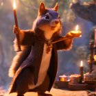 Smiling chipmunk holding candles in mystical setting