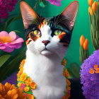 Vibrant Cat Illustration Among Colorful Flowers