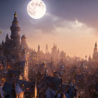 Medieval town under full moon: spires, glowing windows, warm mist.