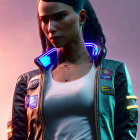 Digital portrait of woman with sleek hair in futuristic jacket on pink and blue gradient.