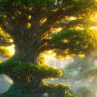 Ancient trees in mystical forest bathed in warm sunlight