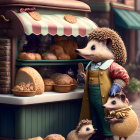 Anthropomorphic hedgehog at bakery stall with bread and pastries