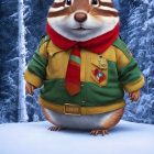 Chipmunk park ranger in snowy forest with green jacket and badge