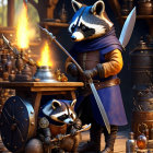 Anthropomorphic raccoons as medieval warriors in a workshop with armory and potions