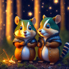 Animated chipmunks in cozy jackets surrounded by magical lights in forest setting