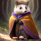 Regal hedgehog in golden cape in magical forest