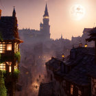 Medieval city at dusk: warmly lit windows, cobblestone streets, towering castle.