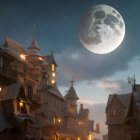 Medieval Fantasy Village with Illuminated Windows and Detailed Moon