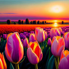 Colorful sunset over blooming tulip field with hay bales.