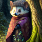 Illustrated hedgehog in purple cloak with golden patterns in enchanted forest