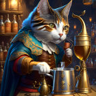 Regal cat in Renaissance attire pouring drink in candlelit room