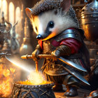 Anthropomorphized hedgehog blacksmith forging sword in medieval fantasy scene.