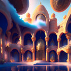 Surreal palace with ornate domes and columns reflected in water