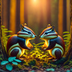 Vibrant chipmunks in whimsical forest with sunlight filtering.