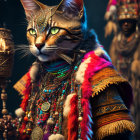 Cat with human-like features in vibrant tribal attire and ornate jewelry