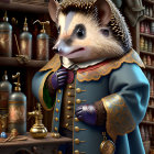 Historical coat-wearing hedgehog in antique shop scene