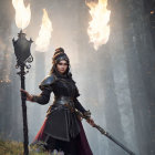 Fantasy warrior with flaming staff and sword in ancient ruins.