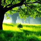 Lush green landscape with small tree and sunlight filtering through trees