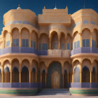 Intricate Islamic palace with golden domes and arched windows