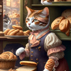 Anthropomorphic cats in bakery scene with 18th-century attire and pastries