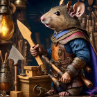 Medieval-themed anthropomorphic rat with wooden sword in artisan workshop