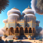 Majestic fantasy palace with golden domes and floating clouds