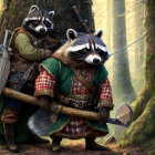 Anthropomorphic raccoons in medieval attire with sword and bow in forest