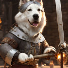 White and Grey Dog in Medieval Knight Armor with Sword and Happy Expression