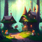 Whimsical cottages in enchanted forest with glowing pathway