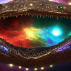 Colorful cosmic scene framed by creature's mouth with sharp teeth and eyes, set against starry backdrop