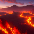 Vivid sunset volcanic landscape with red lava flows in dark terrain