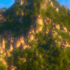 Mythical mountainside with ancient castle-like structures in misty golden light