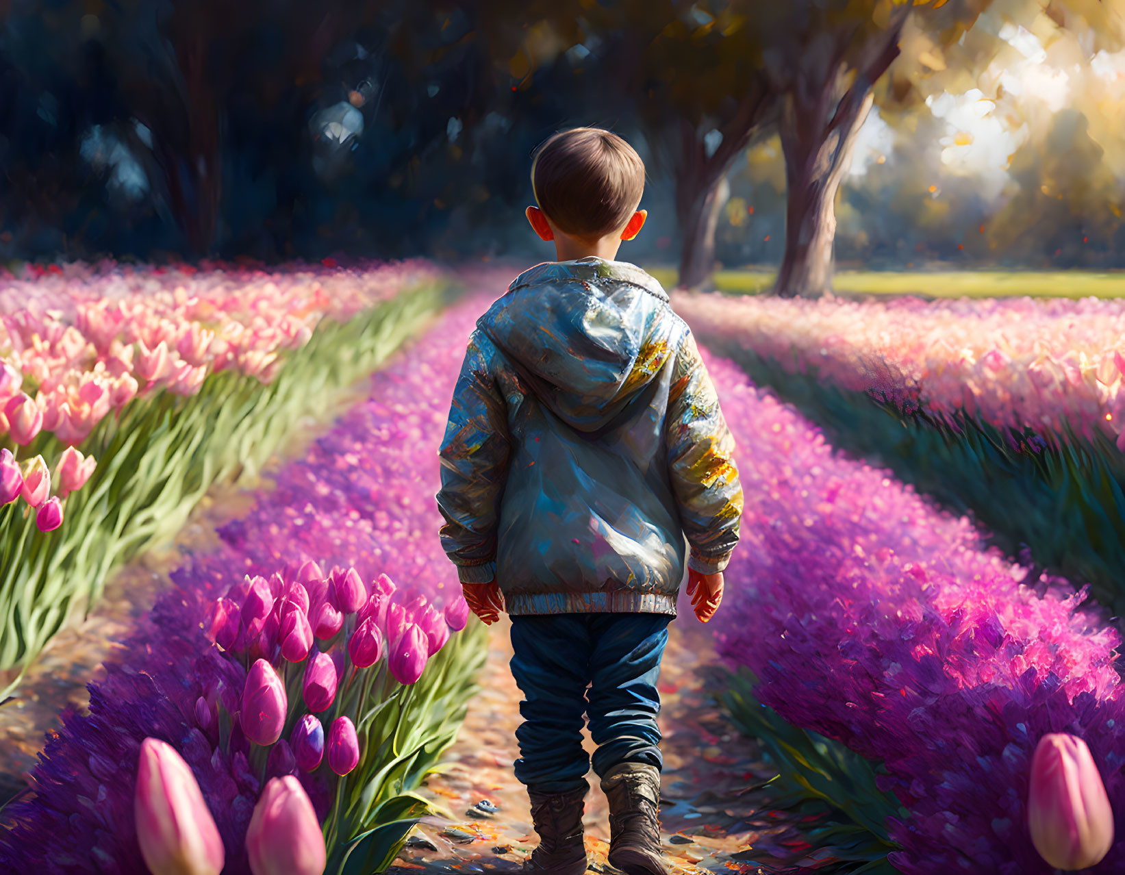 Child walking among blooming tulips in dappled light