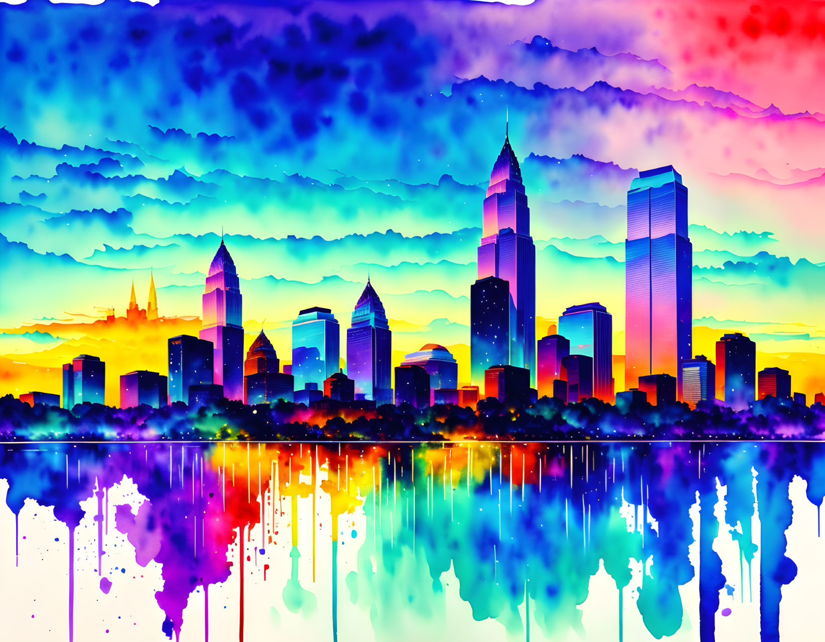 Colorful Watercolor Cityscape with Mirrored Reflection of Skyscrapers