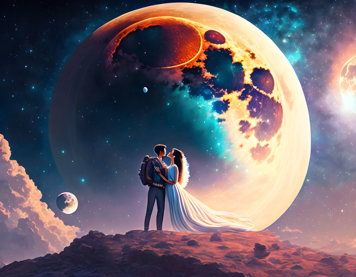 Couple Embraces on Alien Terrain with Colorful Planet and Moons