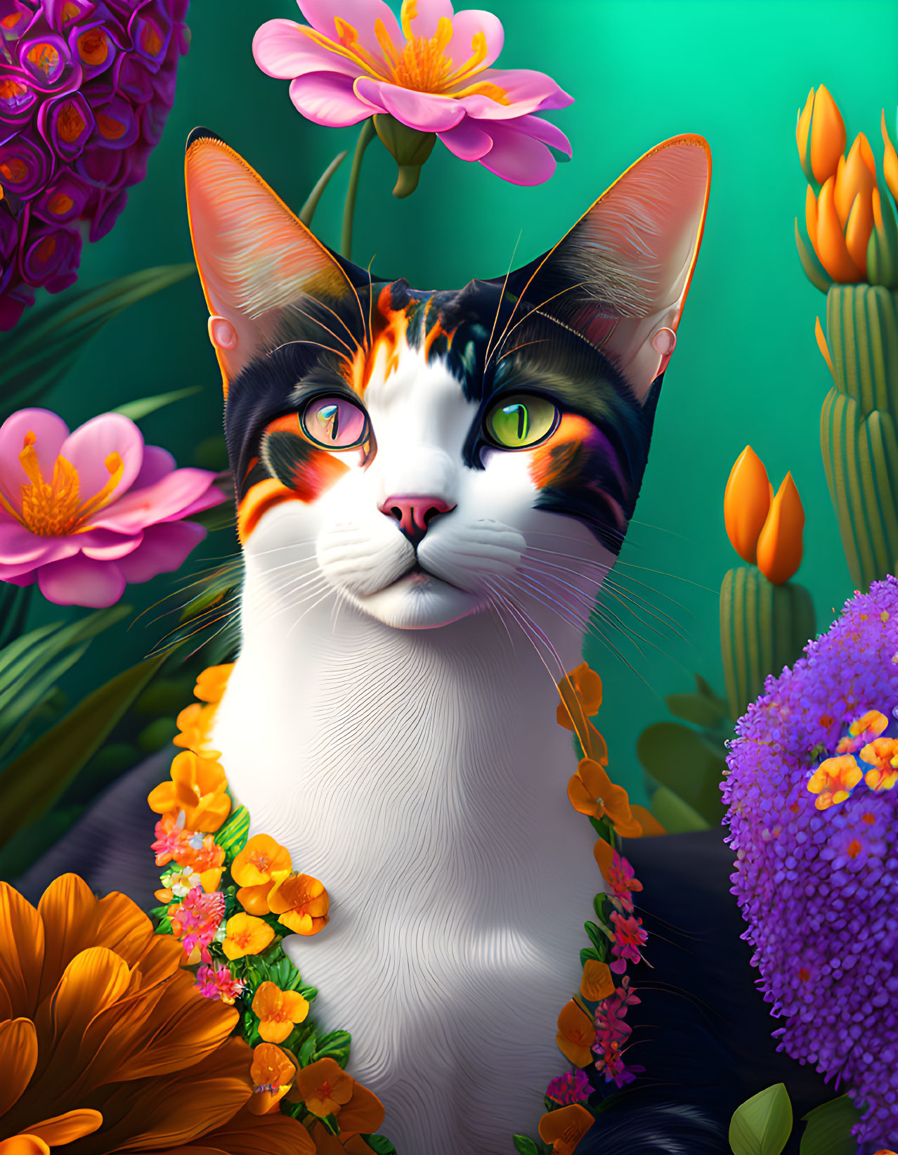 Vibrant Cat Illustration Among Colorful Flowers