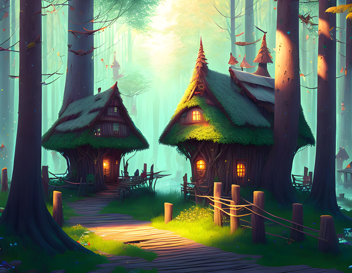 Whimsical cottages in enchanted forest with glowing pathway