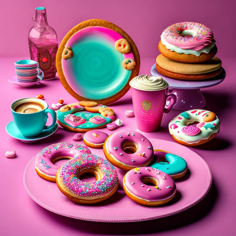 Colorful donuts, cookies, and coffee on pink background showcase whimsical sweets