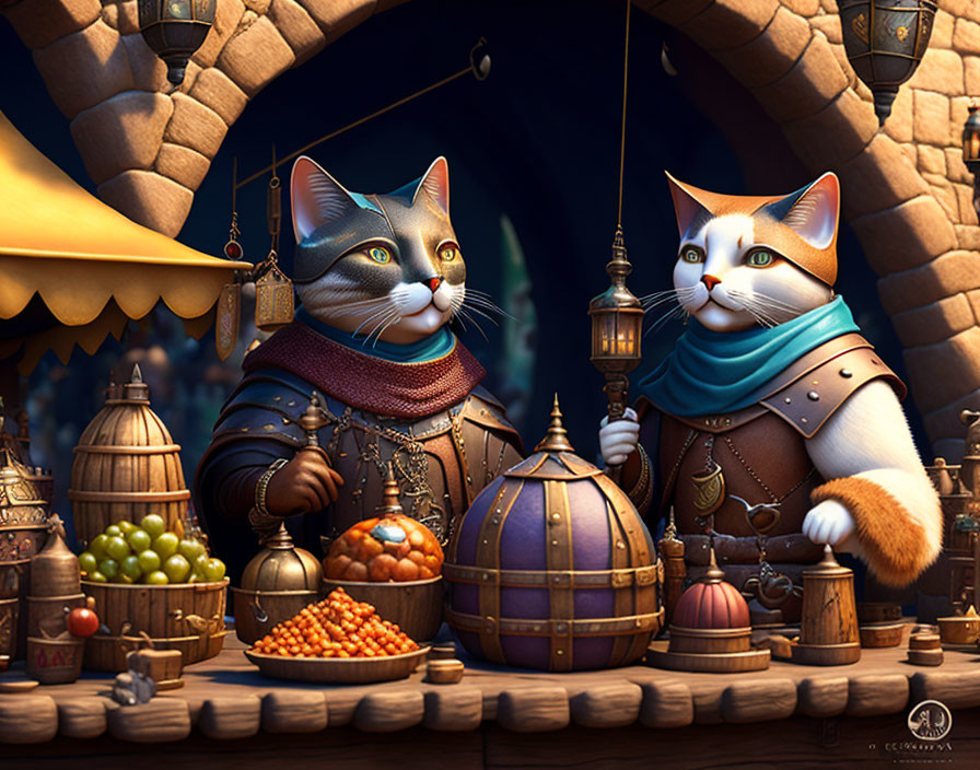 Medieval-themed anthropomorphic cat characters at market stall with lanterns and pottery.