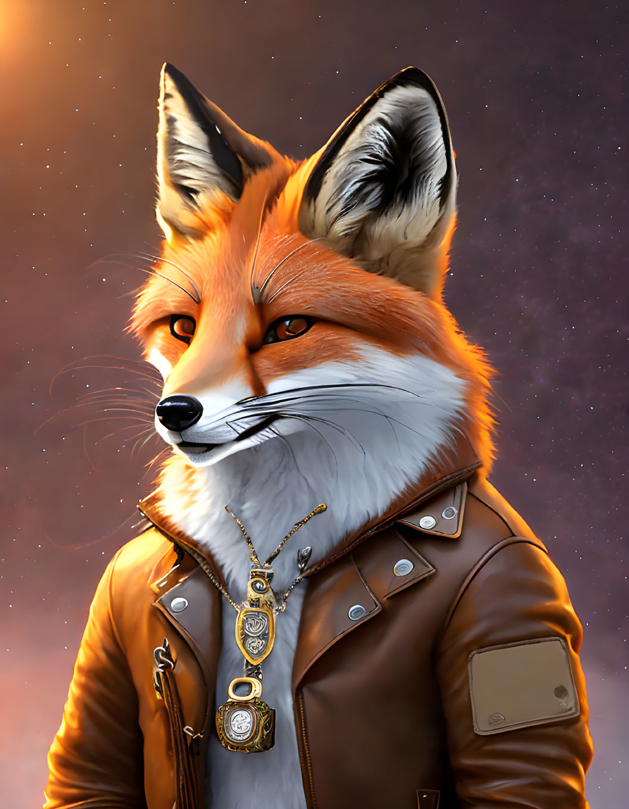 Anthropomorphic fox in brown leather jacket on orange backdrop