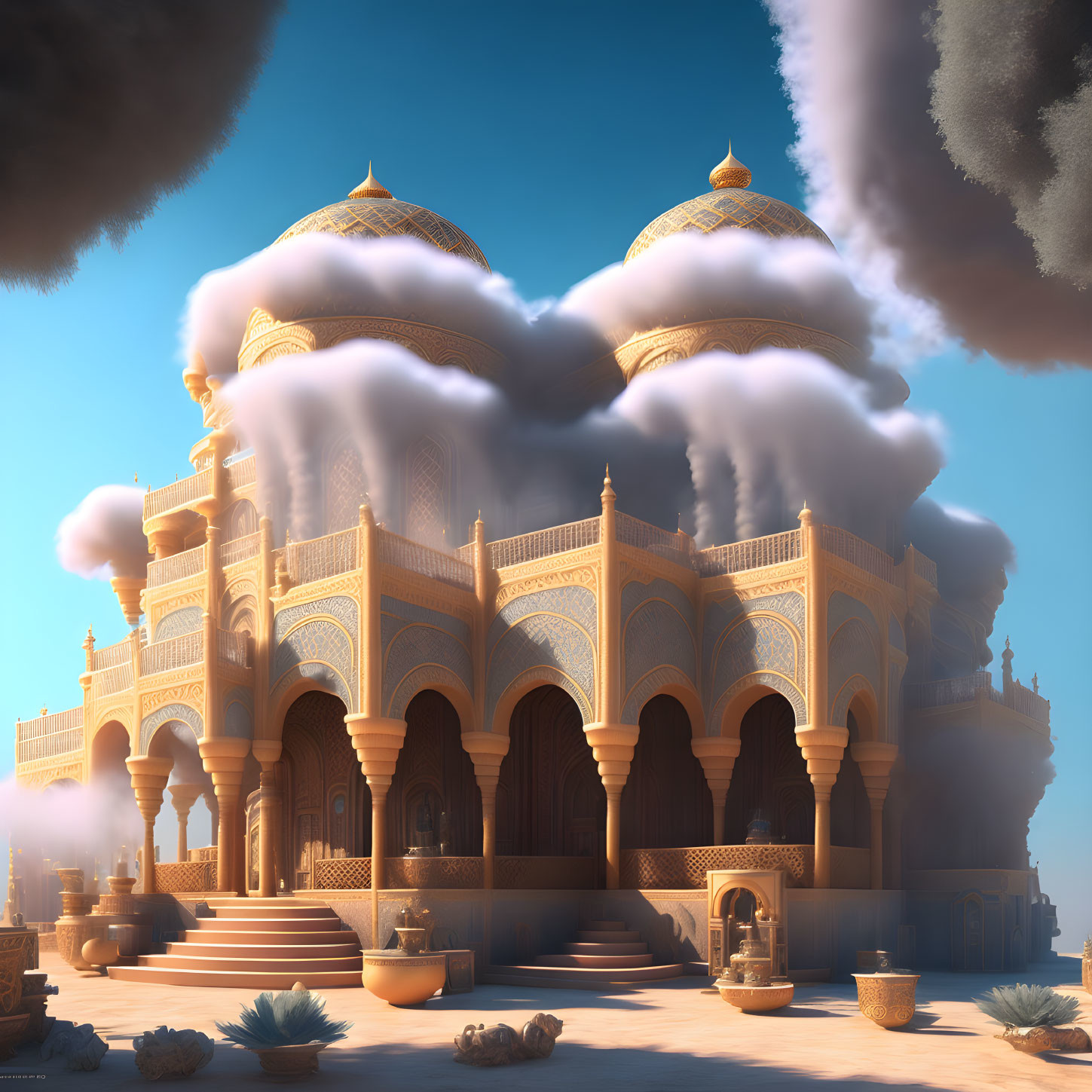 Majestic fantasy palace with golden domes and floating clouds