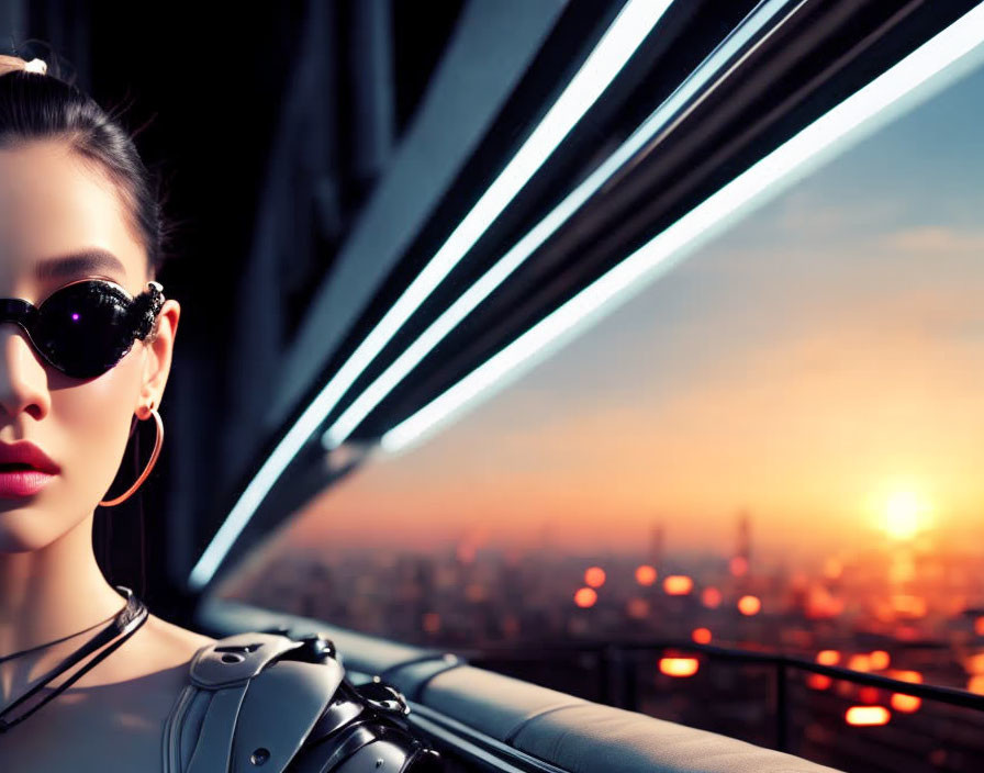 Woman in sunglasses with city skyline at sunset through window