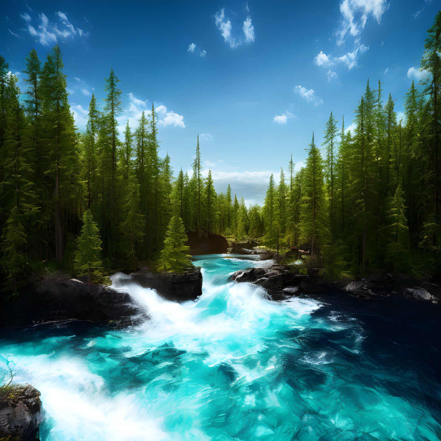 Lush Green Pine Trees in Vibrant Forest with Turquoise River