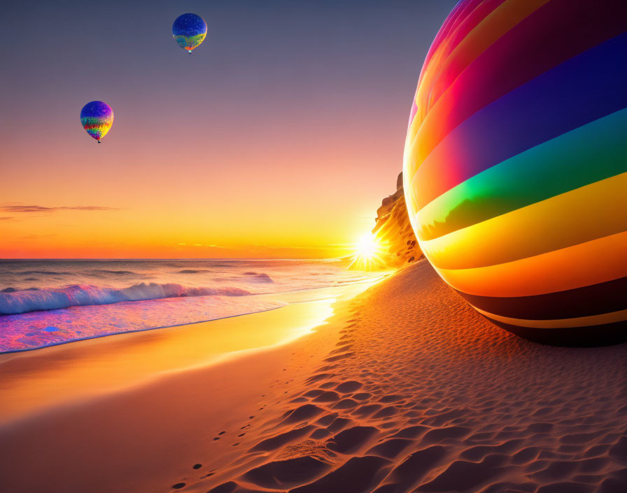 Colorful hot air balloons on beach at sunset.