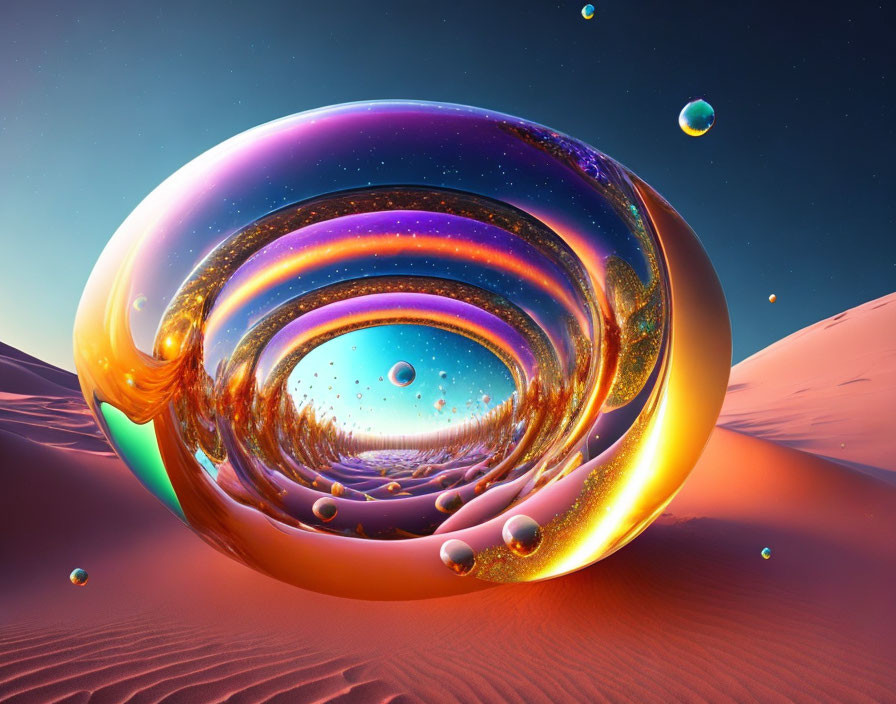 Colorful surreal orb on desert landscape with cosmic reflection and floating spheres