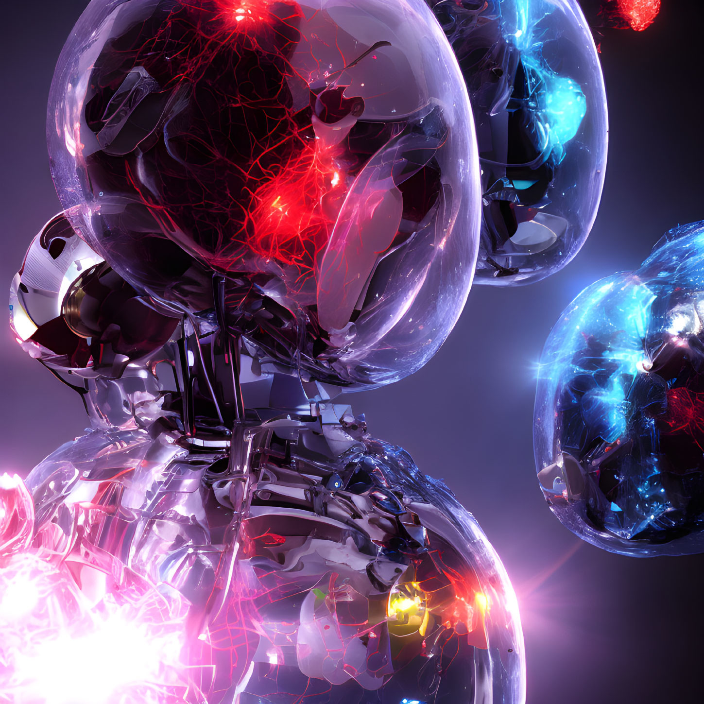 Translucent Spheres with Glowing Neural Network on Chrome Robot